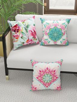 BIANCA - Designer Reversible Printed Silk Linen Cushion Covers -Floral-Coral, Teal (16 x 16 inches)