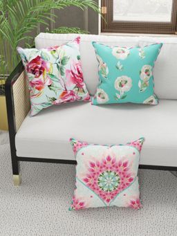 BIANCA - Designer Reversible Printed Silk Linen Cushion Covers -Floral-Coral, Teal (16 x 16 inches)