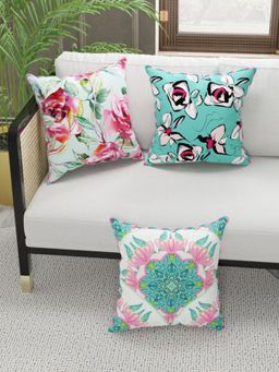 BIANCA - Designer Reversible Printed Silk Linen Cushion Covers -Floral-Coral, Teal (16 x 16 inches)