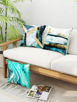 BIANCA - Designer Reversible Printed Silk Linen Cushion Covers -Geometric-Abstract-Teal, Gold (16 x 16 inches)