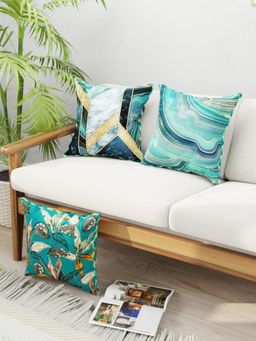 BIANCA - Designer Reversible Printed Silk Linen Cushion Covers -Geometric-Abstract-Teal, Gold (16 x 16 inches)