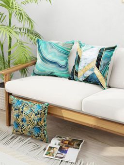 BIANCA - Designer Reversible Printed Silk Linen Cushion Covers -Abstract-Ornamental-Teal, Gold (16 x 16 inches)