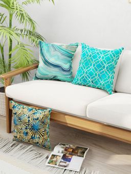 BIANCA - Designer Reversible Printed Silk Linen Cushion Covers -Abstract-Ornamental-Teal, Gold (16 x 16 inches)