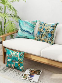 BIANCA - Designer Reversible Printed Silk Linen Cushion Covers -Abstract-Ornamental-Teal, Gold (16 x 16 inches)