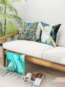 BIANCA - Designer Reversible Printed Silk Linen Cushion Covers -Floral-Checks-Teal, Gold (16 x 16 inches)