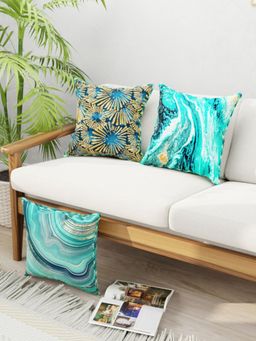 BIANCA - Designer Reversible Printed Silk Linen Cushion Covers -Floral-Checks-Teal, Gold (16 x 16 inches)
