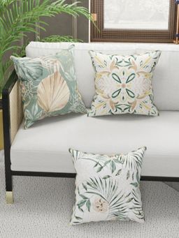 BIANCA - Designer Reversible Printed Silk Linen Cushion Covers -Floral-Stripe-Sage, Beige (16 x 16 inches)