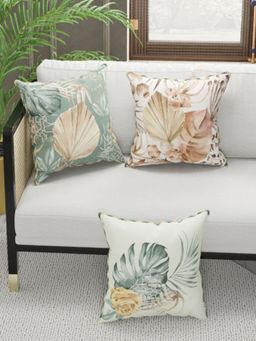 BIANCA - Designer Reversible Printed Silk Linen Cushion Covers -Floral-Stripe-Sage, Beige (16 x 16 inches)
