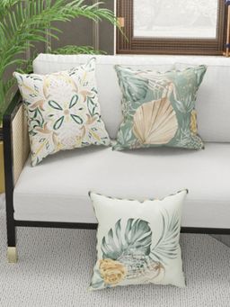 BIANCA - Designer Reversible Printed Silk Linen Cushion Covers -Ornamental-Stripe-Sage, Beige (16 x 16 inches)