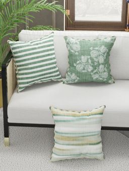 BIANCA - Designer Reversible Printed Silk Linen Cushion Covers -Floral-Stripe-Sage, Beige (16 x 16 inches)