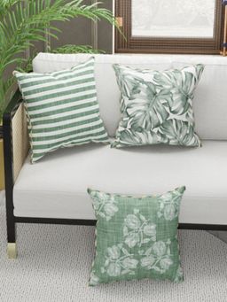 BIANCA - Designer Reversible Printed Silk Linen Cushion Covers -Floral-Stripe-Sage, Beige (16 x 16 inches)
