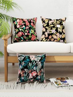 BIANCA - Designer Reversible Printed Silk Linen Cushion Covers -Floral-Black, Green (16 x 16 inches)