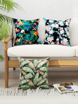 BIANCA - Designer Reversible Printed Silk Linen Cushion Covers -Floral-Black, Green (16 x 16 inches)