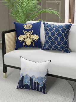 BIANCA - Designer Reversible Printed Silk Linen Cushion Covers -Floral-Geometric-Navy Blue, Gold (16 x 16 inches)