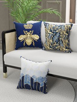 BIANCA - Designer Reversible Printed Silk Linen Cushion Covers -Printed-Navy Blue, Gold (16 x 16 inches)