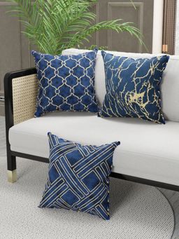 BIANCA - Designer Reversible Printed Silk Linen Cushion Covers -Floral-Geometric-Navy Blue, Gold (16 x 16 inches)