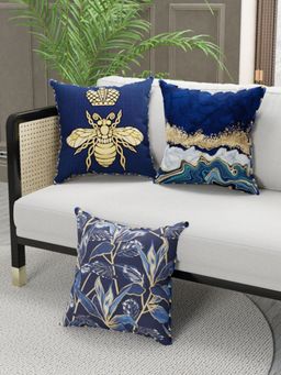 BIANCA - Designer Reversible Printed Silk Linen Cushion Covers -Floral-Geometric-Navy Blue, Gold (16 x 16 inches)