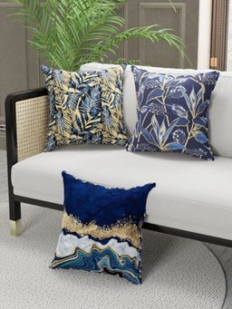 BIANCA - Designer Reversible Printed Silk Linen Cushion Covers -Floral-Abstract-Navy Blue, Gold (16 x 16 inches)