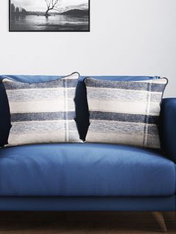 BIANCA - Decorative Hand Loom Cotton Jute Cushion Covers -Handmade-Blue, Ivory (16 x 16 inches)