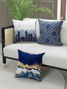 BIANCA - Designer Reversible Printed Silk Linen Cushion Covers -Geometric-Checks-Navy Blue, Gold (16 x 16 inches)