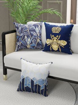 BIANCA - Designer Reversible Printed Silk Linen Cushion Covers -Floral-Stripe-Navy Blue, Gold (16 x 16 inches)