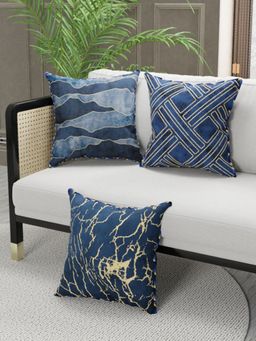 BIANCA - Designer Reversible Printed Silk Linen Cushion Covers -Floral-Stripe-Navy Blue, Gold (16 x 16 inches)