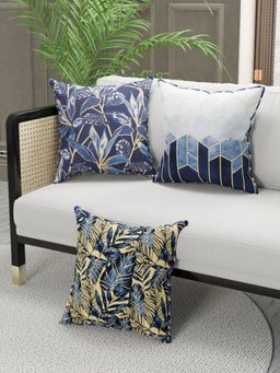BIANCA - Designer Reversible Printed Silk Linen Cushion Covers -Floral-Stripe-Navy Blue, Gold (16 x 16 inches)