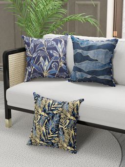 BIANCA - Designer Reversible Printed Silk Linen Cushion Covers -Floral-Stripe-Navy Blue, Gold (16 x 16 inches)