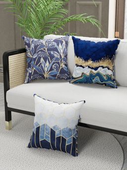 BIANCA - Designer Reversible Printed Silk Linen Cushion Covers -Floral-Stripe-Navy Blue, Gold (16 x 16 inches)