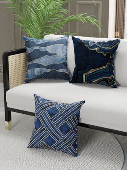 BIANCA - Designer Reversible Printed Silk Linen Cushion Covers -Printed-Navy, Gold (16 x 16 inches)