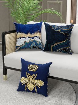 BIANCA - Designer Reversible Printed Silk Linen Cushion Covers -Abstract-Navy Blue, Gold (16 x 16 inches)