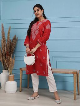 ADA - Red Lucknowi Chikankari Cotton Kurta [A100353]