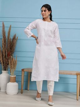 ADA - Hand Embroidered White Lucknowi Chikankari Embroidery Cotton Kurta [A100292]