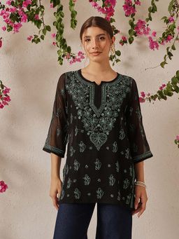 ADA - Hand Embroidered Black Georgette Lucknowi Chikankari Kurti With Slip [A911133]