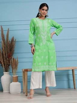 ADA - Embroidered Green Cotton Lucknow Chikankari Kurta (XS) (A100471)