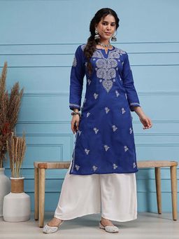 ADA - Embroidered Royal Blue Cotton Lucknow Chikankari Kurta (XS) (A197442)