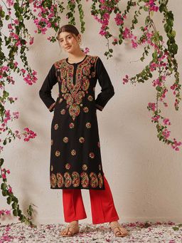 ADA - Hand Embroidered Black Cotton Lucknow Chikan Kurta (XS) (A188048)