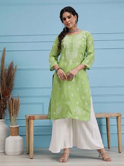 ADA - Green Embroidered Cotton Lucknow Chikan Kurta (XS) (A231437)