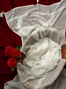 ADA - Hand Embroidered Lucknowi Chikankari White Georgette Dupatta with Muqaish Work [A511188]