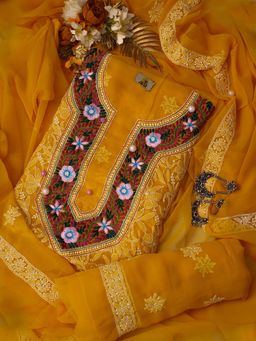 ADA - Hand Embroidered Mustard Georgette Lucknowi Chikankari Parsi Work Unstitched Dress Material