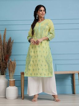 ADA - Hand Embroidered Lemon Cotton Lucknow Chikankari Kurta [A253593]