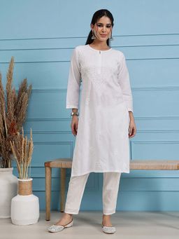 ADA - Hand Embroidered Ethnic Motifs Lucknowi Chikankari White Cotton Kurta