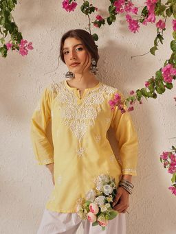 ADA - Hand Embroidered Lucknowi Chikankari Ethnic Motifs Yellow Cotton Kurti
