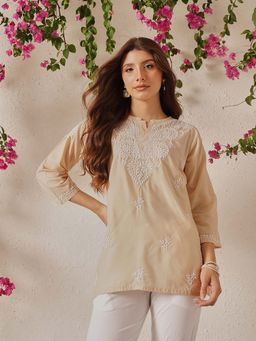 ADA - Hand Embroidered Lucknowi Chikankari Ethnic Motifs Fawn Cotton Kurti