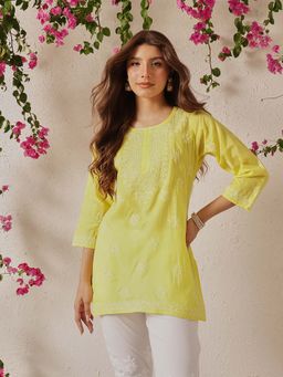 ADA - Women Ethnic Motifs Hand Embroidered Lucknow Chikankari Yellow Cotton Kurti