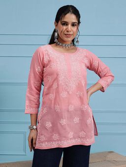 ADA - Women Ethnic Motifs Hand Embroidered Lucknow Chikankari Pink Cotton Kurti