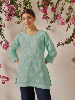 ADA - Hand Embroidered Lucknowi Chikankari Ethnic Motifs Sea Green Cotton Kurti