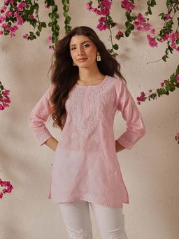ADA - Hand Embroidered Lucknowi Chikankari Ethnic Motifs Pink Cotton Kurti