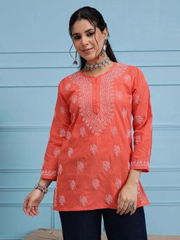 ADA - Hand Embroidered Lucknowi Chikankari Ethnic Motifs Red Cotton Kurti