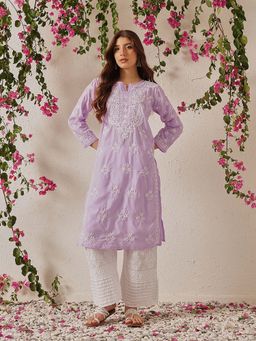ADA - Ethnic Motifs Hand Embroidered Lucknowi Chikankari Lavender Cotton Kurta